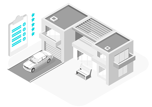 Čierno biely dom so zaparkovaným autom a TO DO listom na stene, projekt 