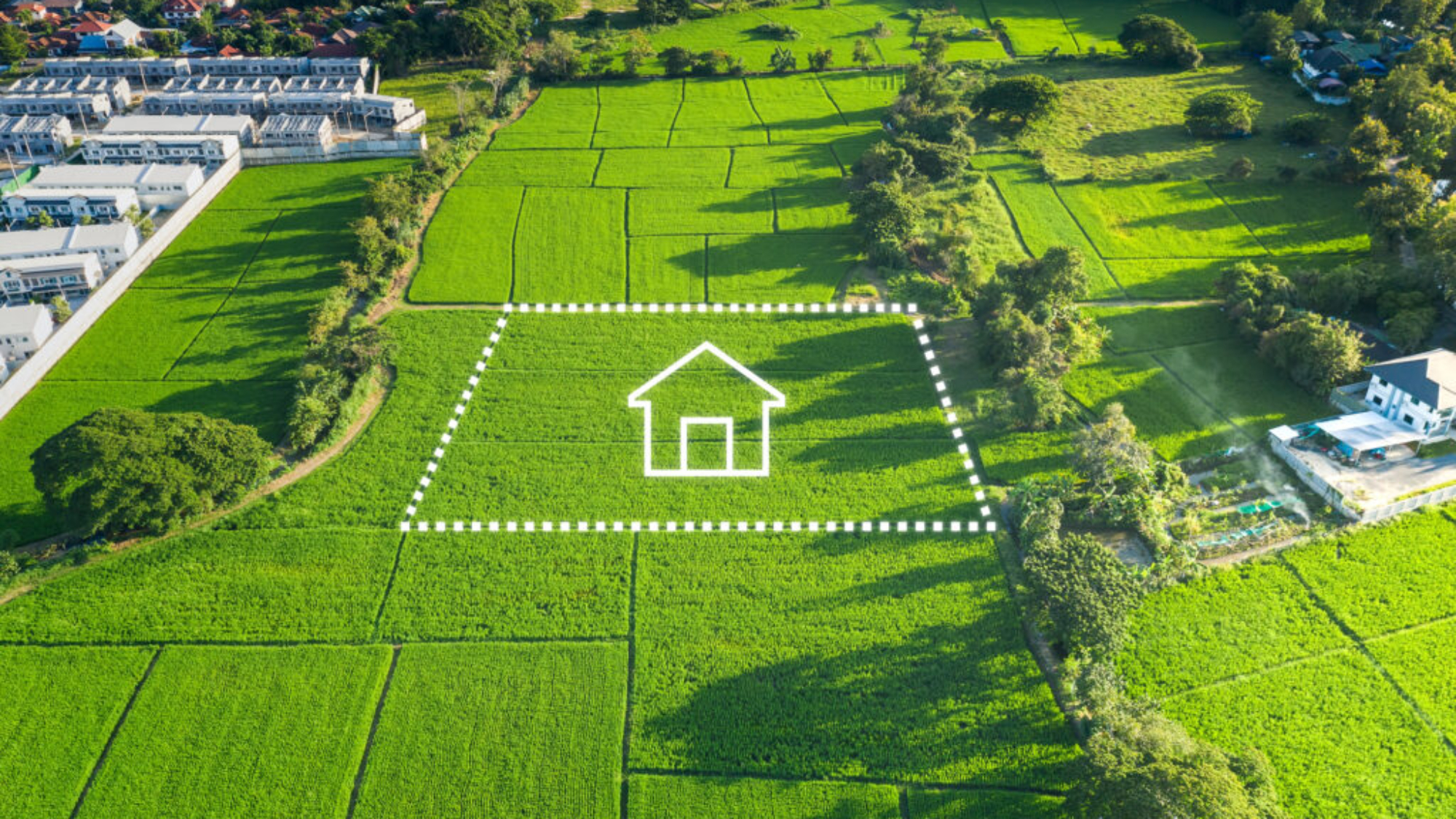 Land or landscape of green field in aerial view or bird eye view. Include agriculture farm, icon of residential, home or house building and land plot. That real estate or property for dream concept to build, construction, owned, sale, rent, buy, purchase, mortgage and investment in Chiang Mai of Thailand.